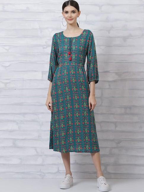 rangriti teal blue printed a-line dress