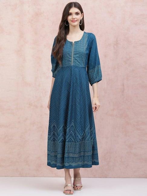 rangriti teal blue printed maxi dress