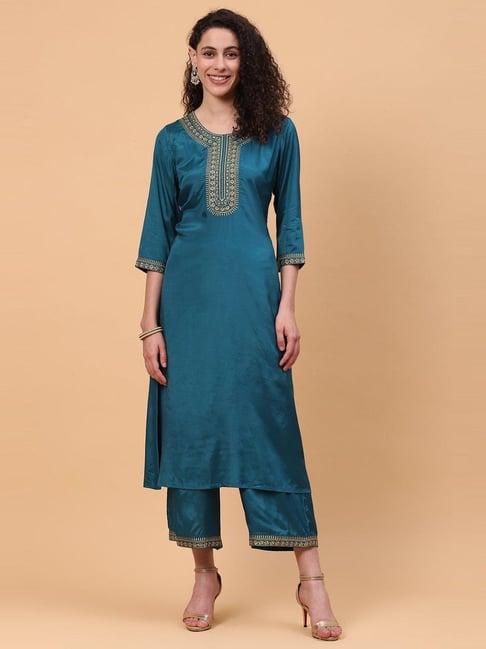 rangriti teal blue zari work kurta palazzo set