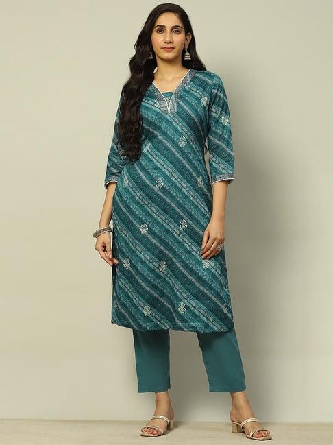 rangriti teal printed kurta pant set