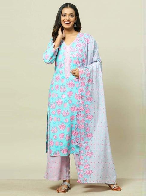 rangriti turquoise printed kurta and palazzo set with dupatta