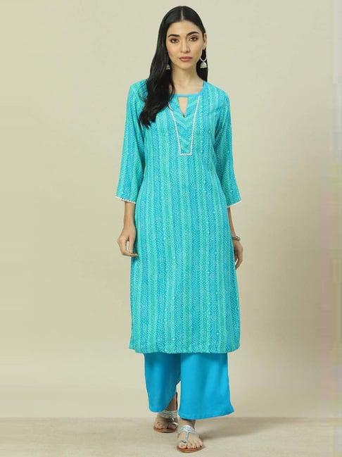 rangriti turquoise printed kurta and palazzo set