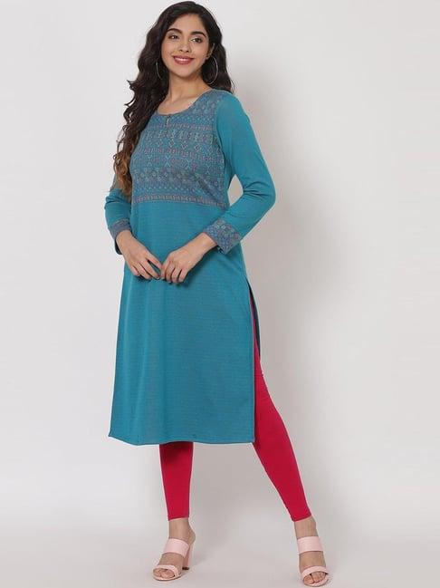 rangriti turquoise printed straight kurta