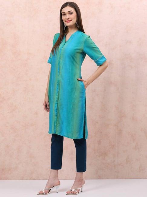 rangriti turquoise striped knee length a line kurta