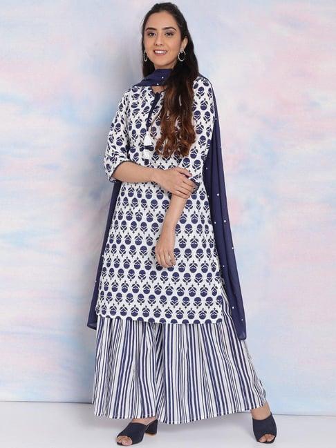 rangriti white & blue cotton printed kurta sharara set with dupatta