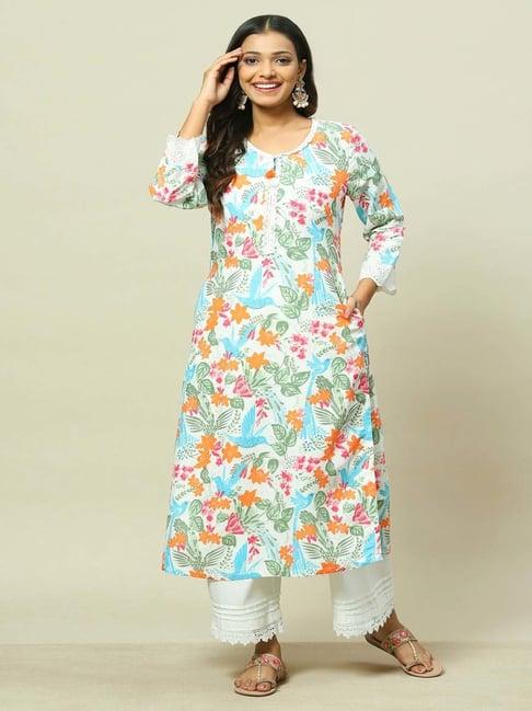 rangriti white & blue floral print straight kurta