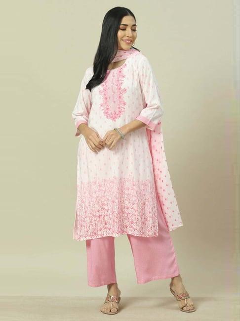 rangriti white & pink printed kurta and palazzo set with dupatta