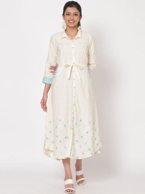 rangriti white cotton printed a-line dress