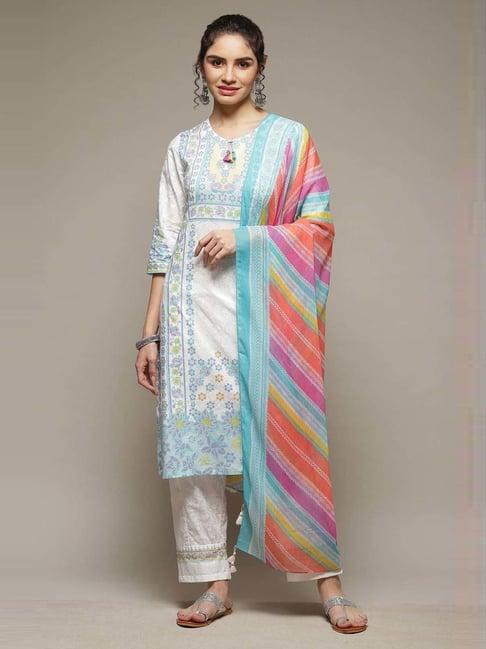 rangriti white cotton printed kurta and palazzo set with dupatta