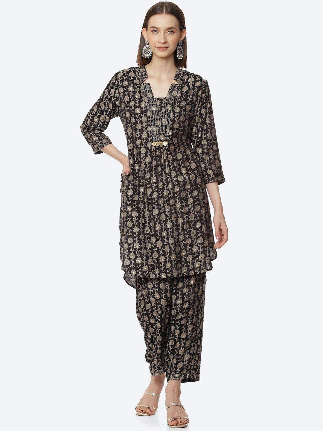 rangriti women black ethnic motifs printed kurta with trousers