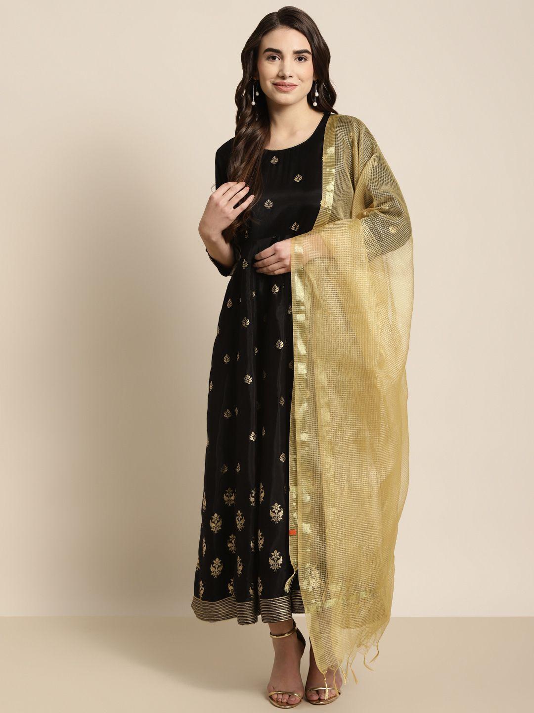 rangriti women black printed kurta with churidar & with dupatta