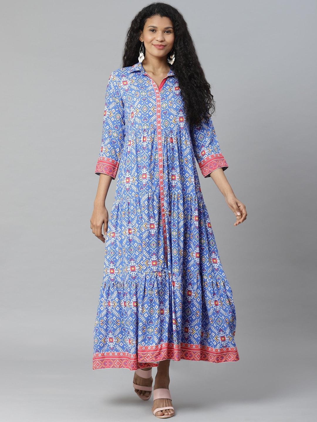rangriti women blue & pink tiered printed maxi dress