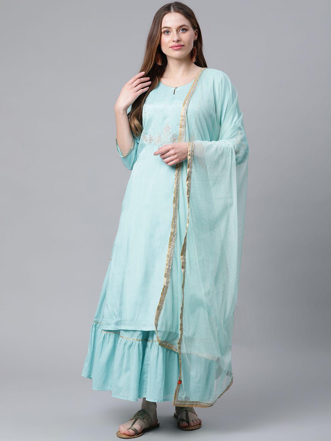 rangriti women blue floral embroidered kurta with sharara & dupatta