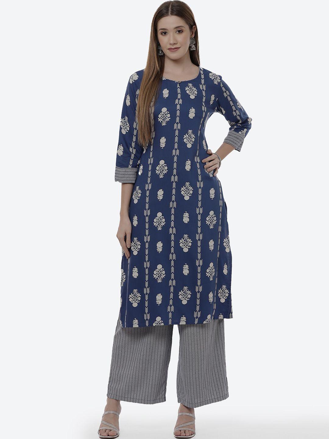 rangriti women blue floral printed kurta with palazzos