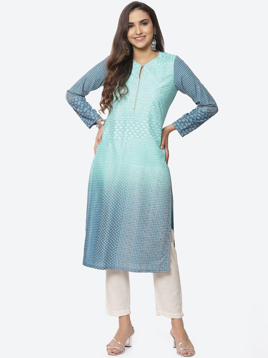 rangriti women blue geometric printed thread work kurta