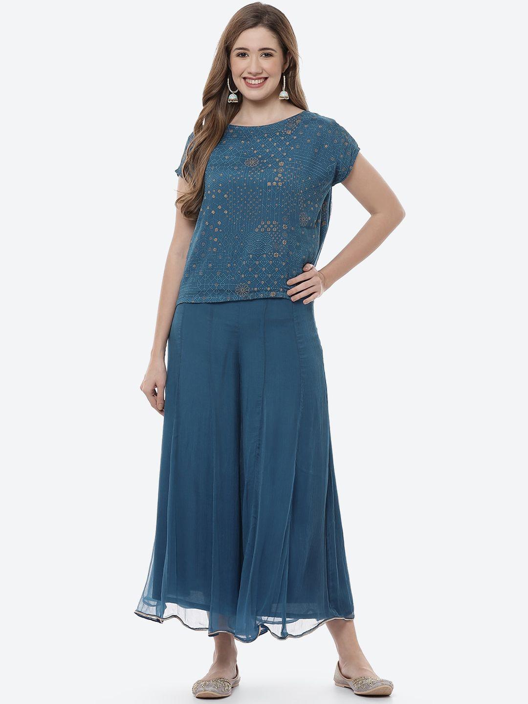 rangriti women blue printed kurta with palazzos