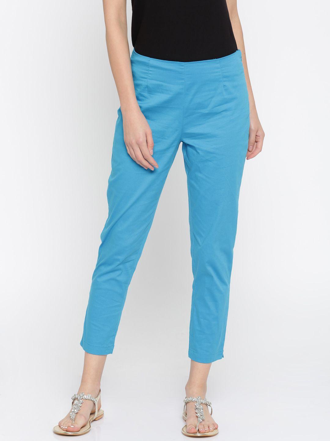 rangriti women blue regular fit solid trousers