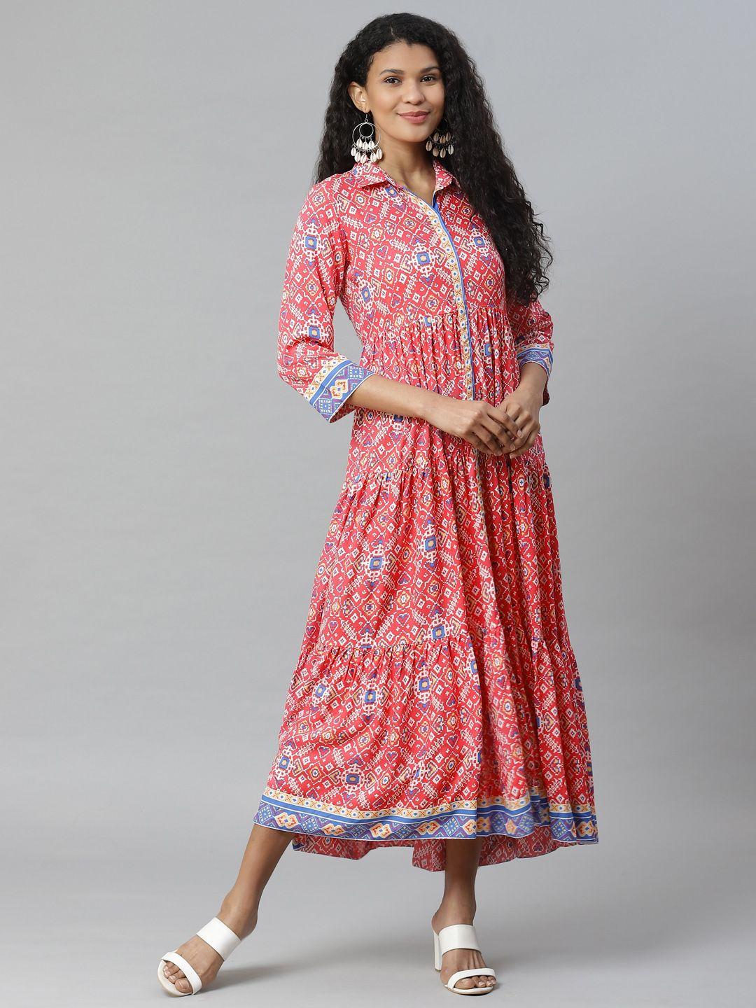 rangriti women coral pink & white tiered ikkat printed shirt dress