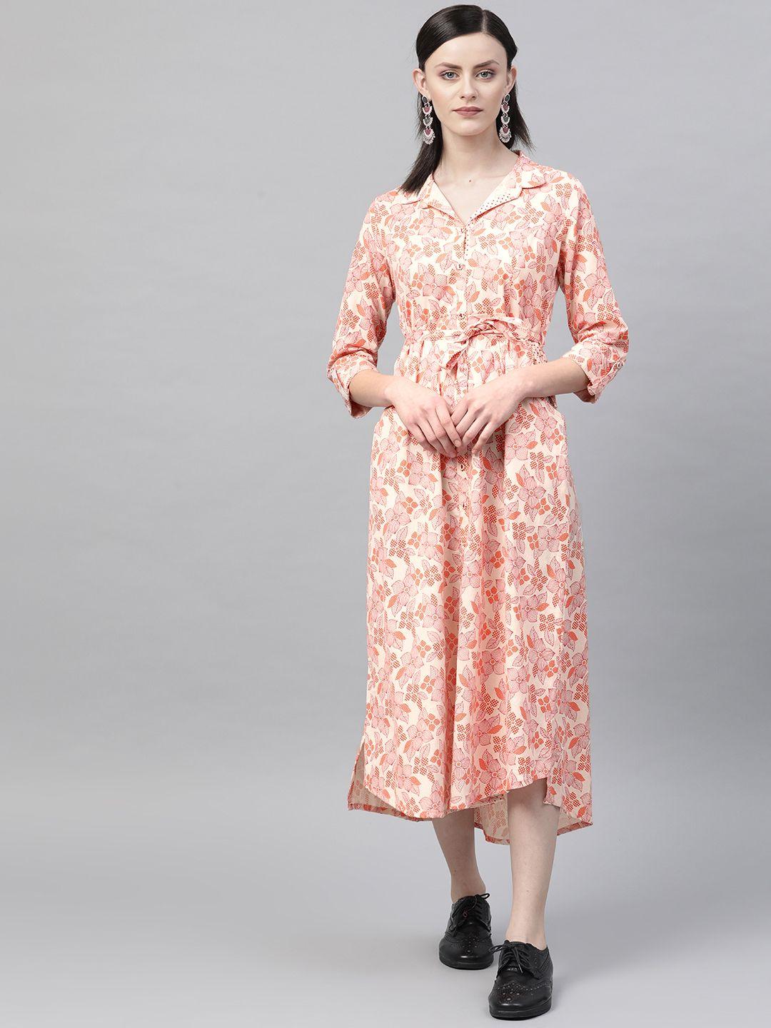 rangriti women cream-coloured & orange floral print shirt dress