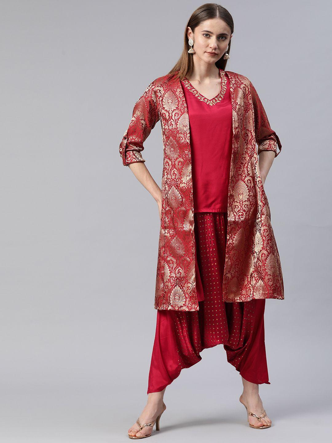 rangriti women ethnic motifs embroidered kurti with dhoti pants & jacket