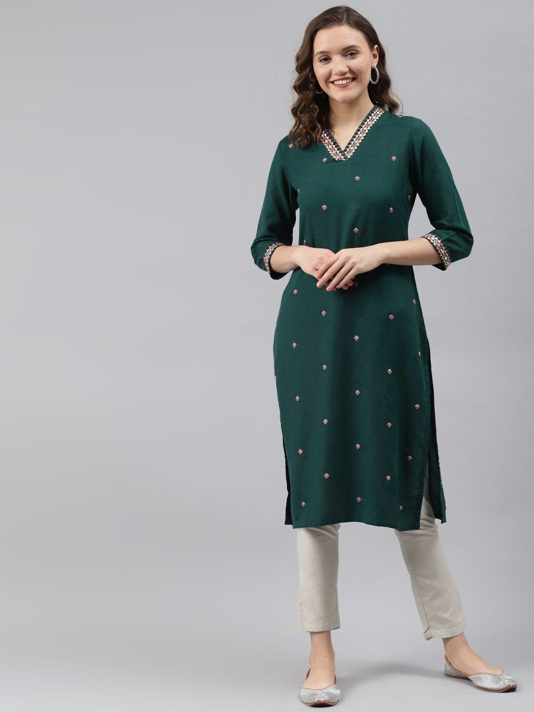 rangriti women green embroidered kurta