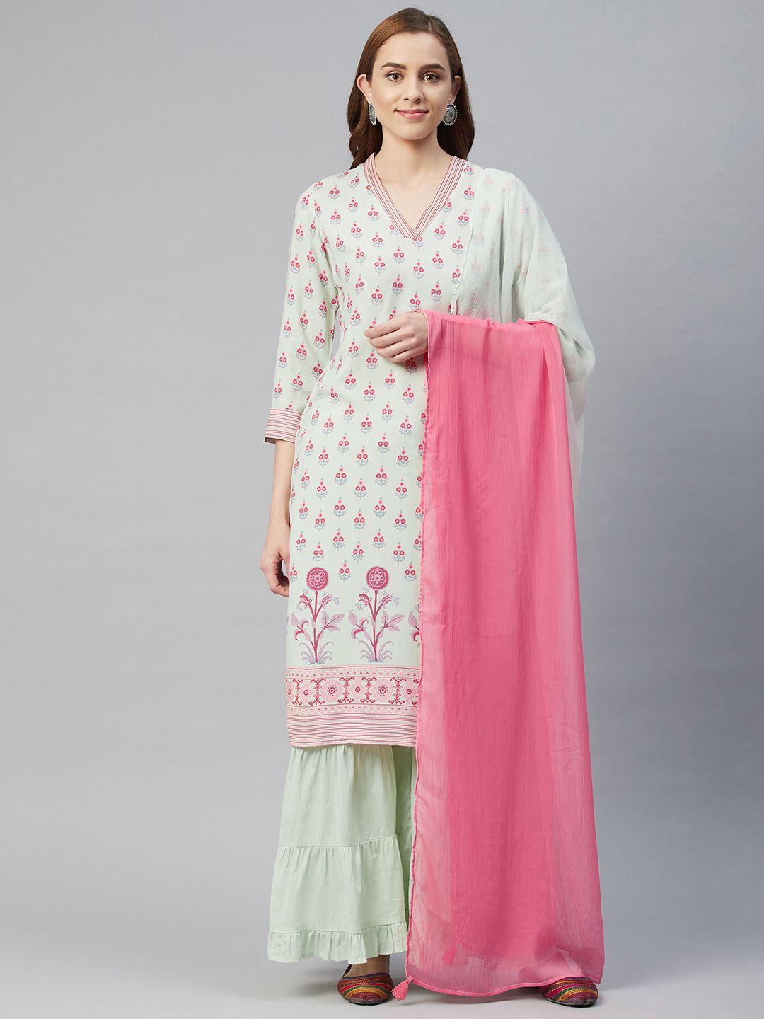 rangriti women green floral printed regular pure cotton kurta set with dupatta