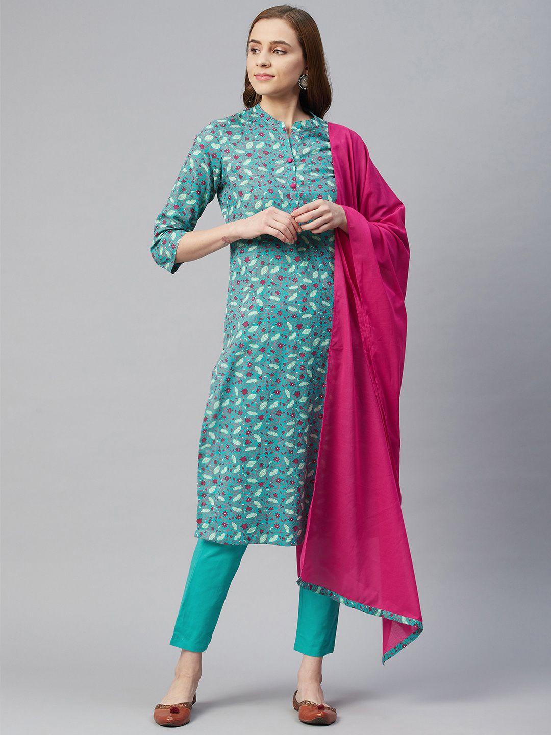rangriti women green printed regular pure cotton kurta set & dupatta