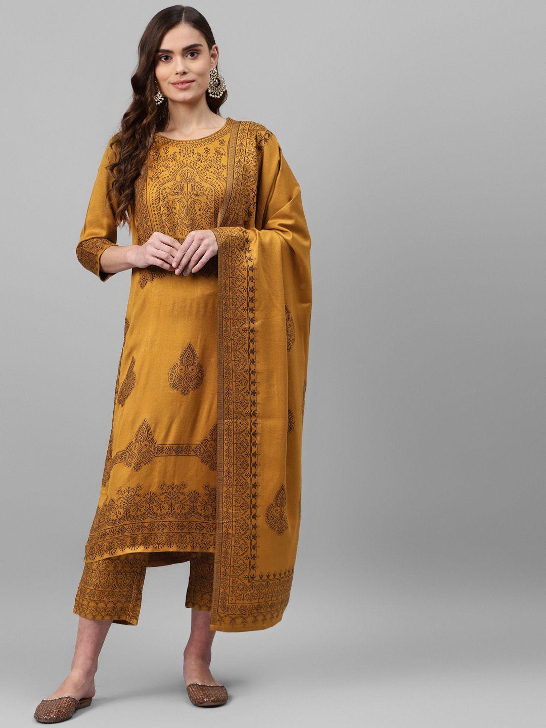 rangriti women mustard yellow ethnic motifs printed regular kurta with trousers & with dupatta