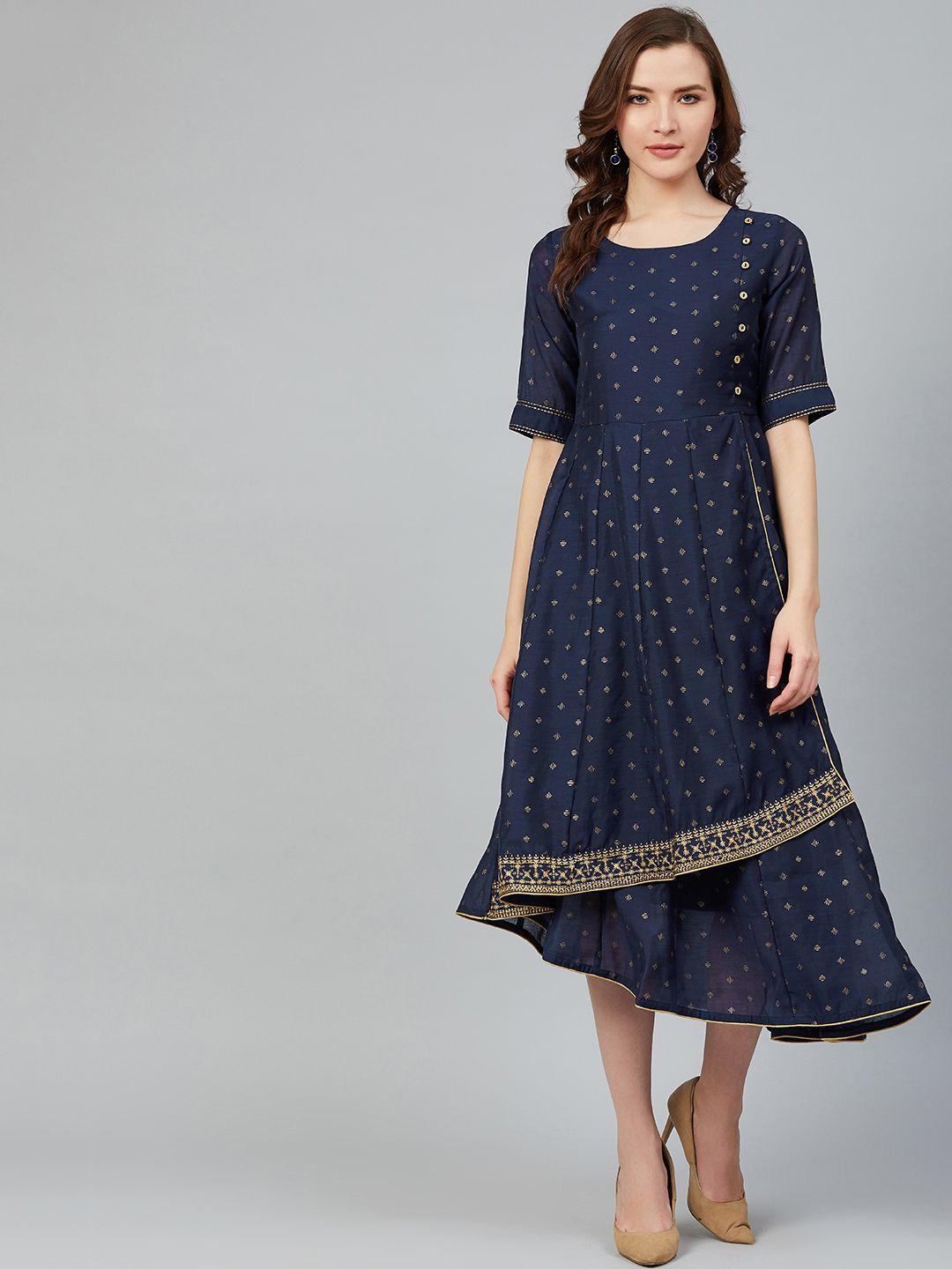 rangriti women navy blue & golden printed layered a-line dress
