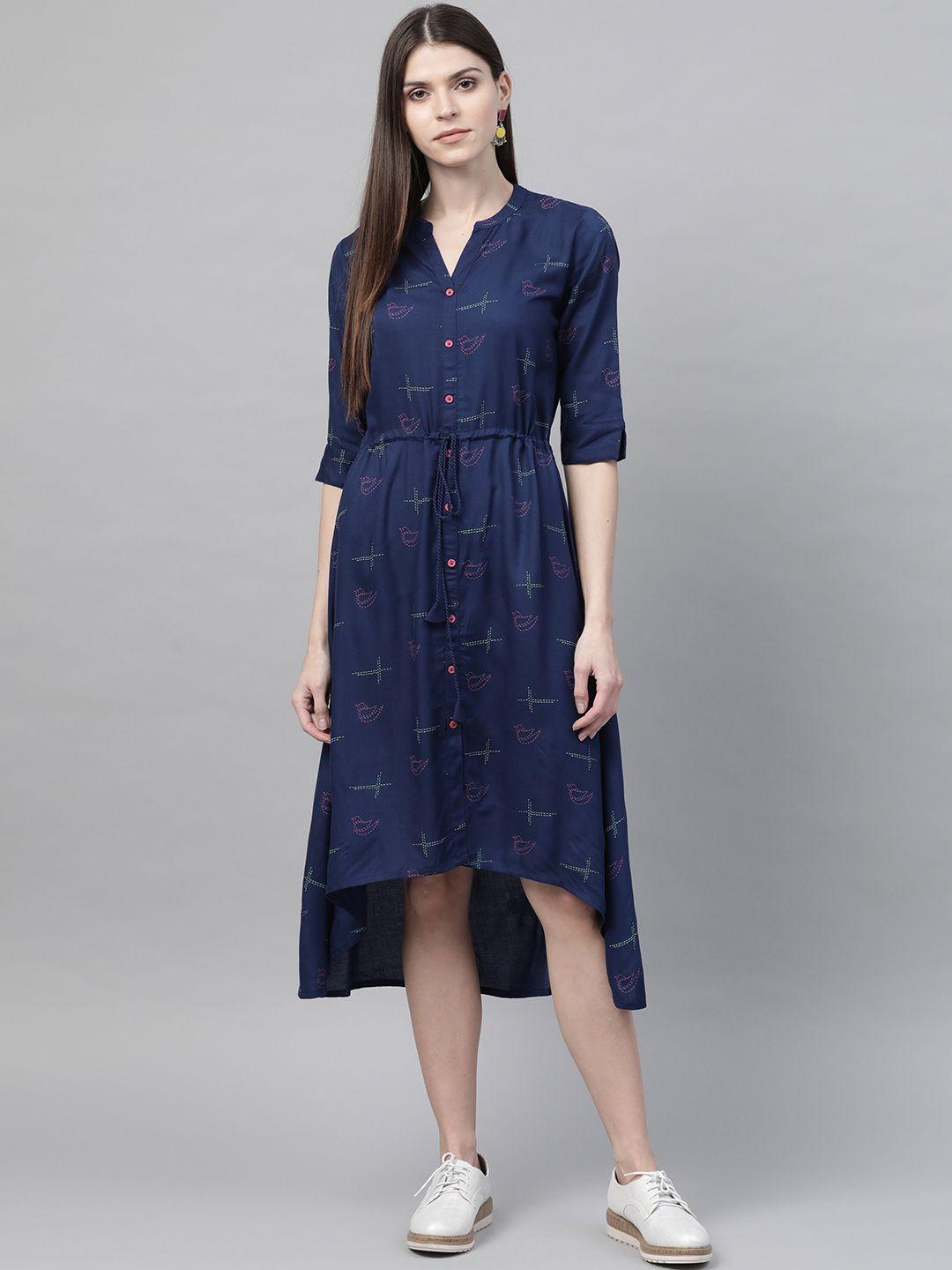 rangriti women navy blue & pink printed a-line dress