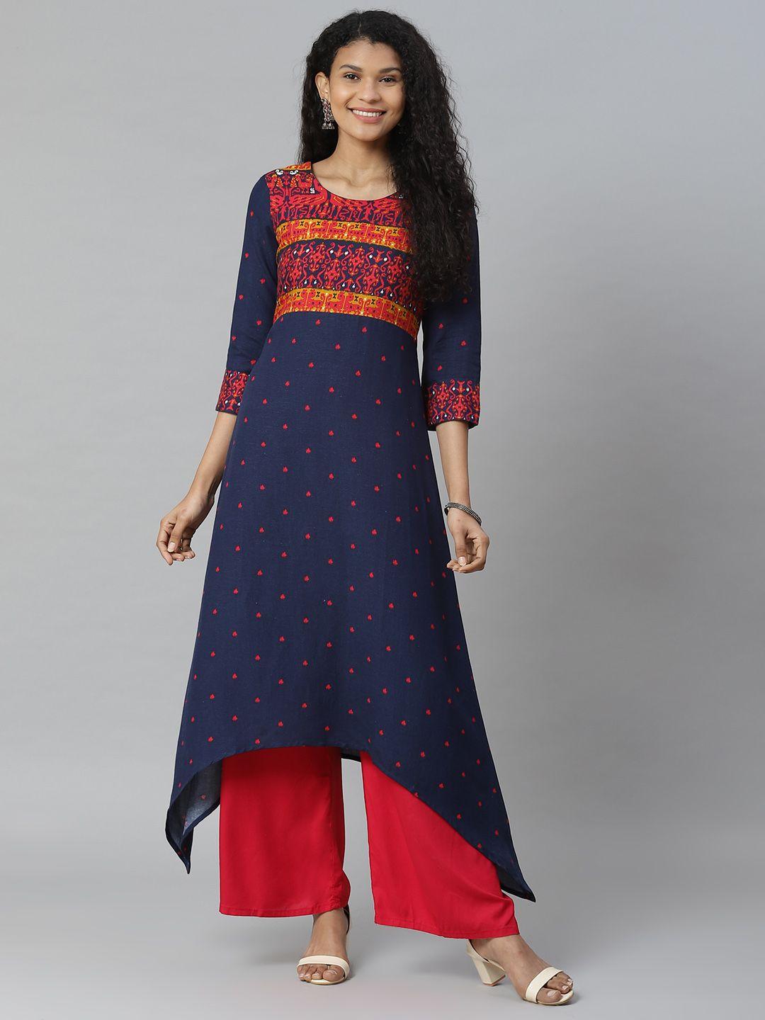 rangriti women navy blue & red printed asymmetric a-line kurta