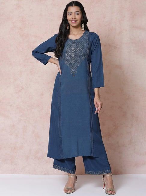 rangriti women navy blue a line kurta