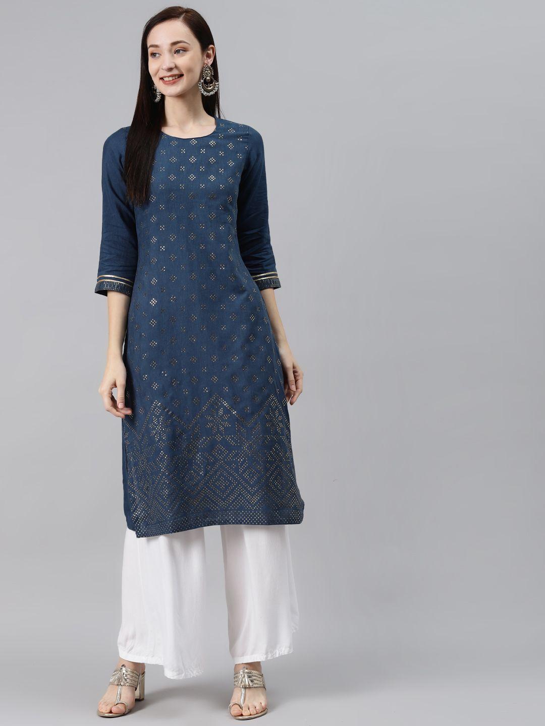 rangriti women navy blue embellished kurta