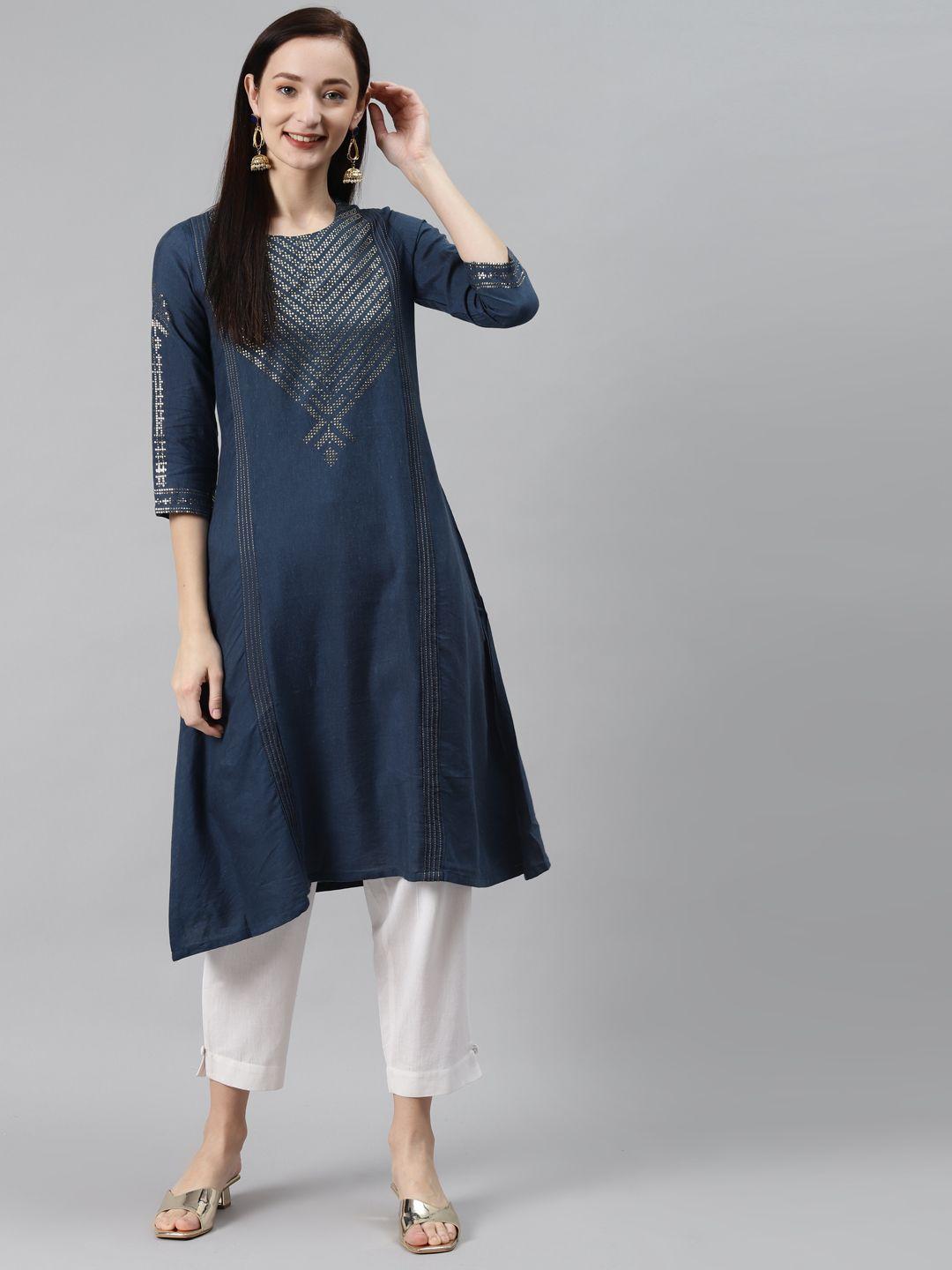 rangriti women navy blue embellished kurta