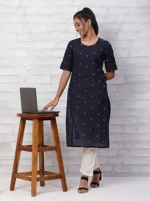 rangriti women navy blue straight kurta