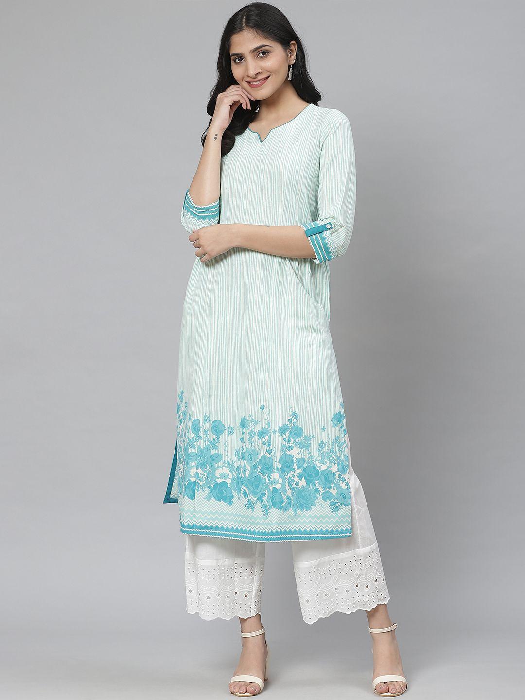 rangriti women off-white & blue striped a-line kurta