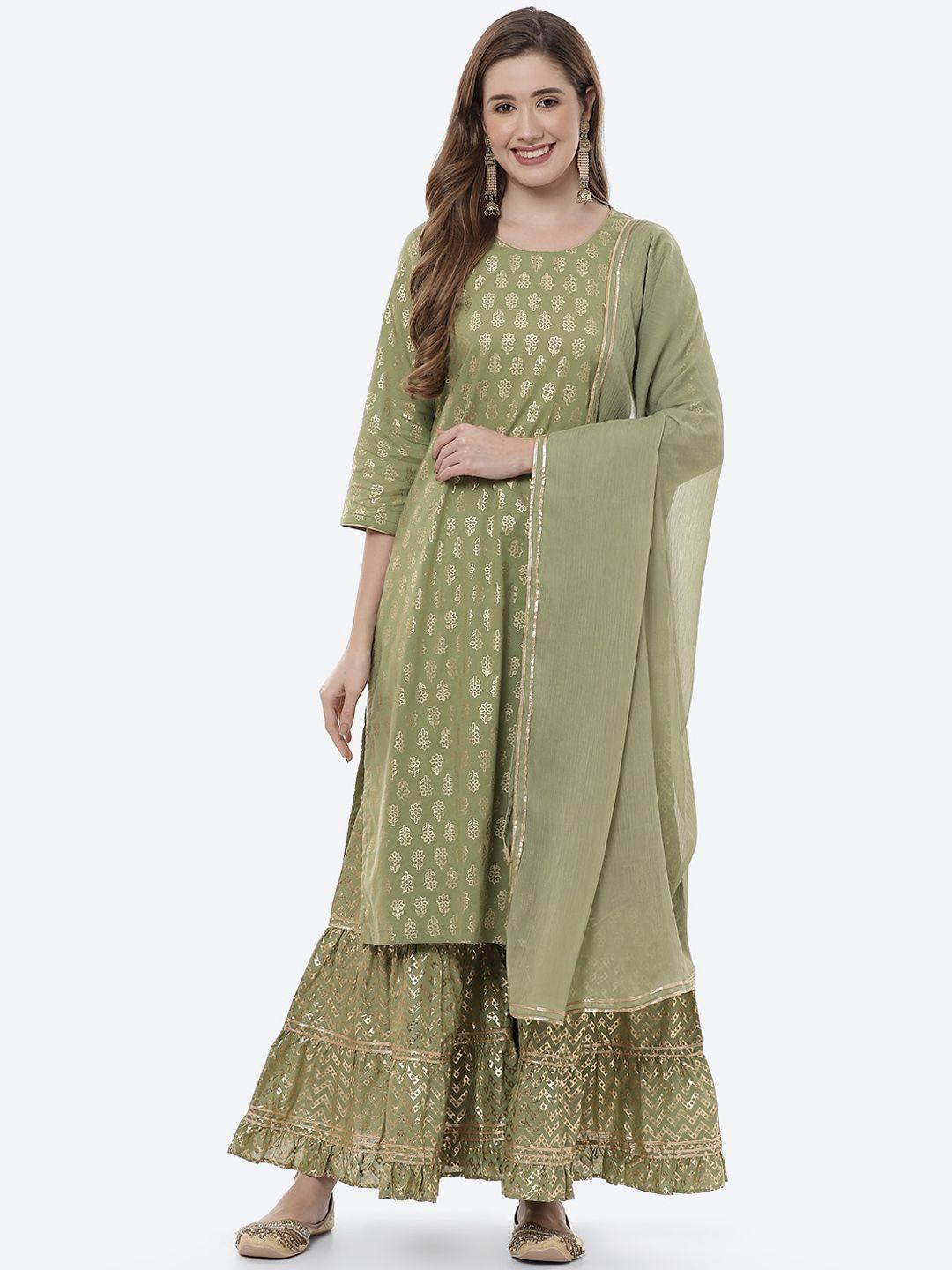 rangriti women olive green ethnic motifs printed pure cotton kurta with sharara & dupatta