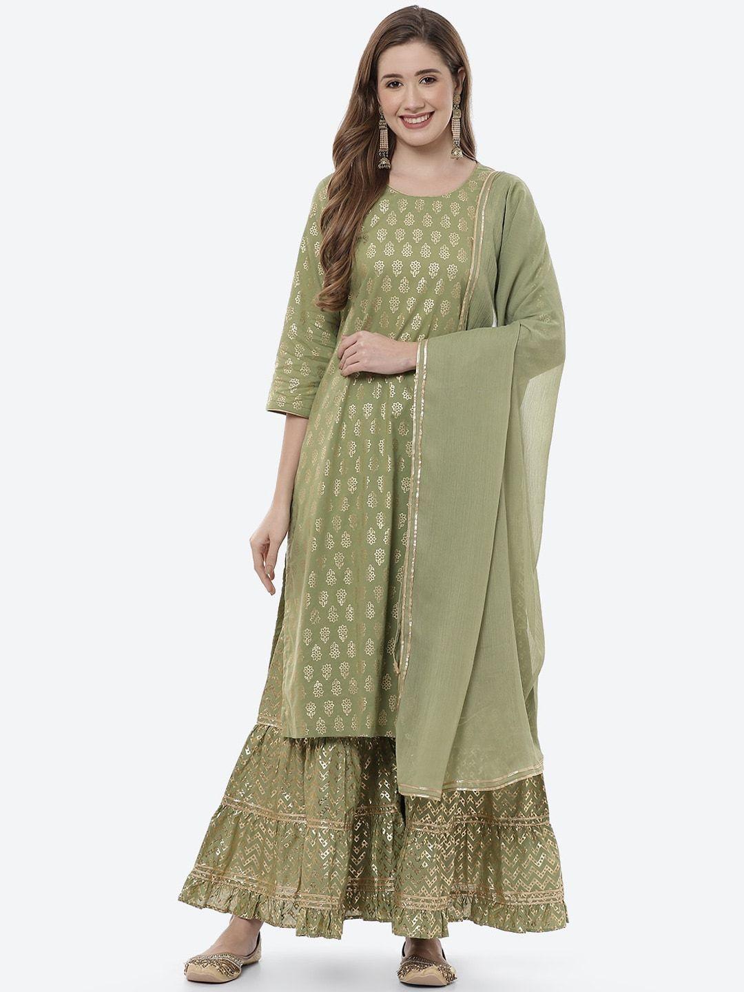 rangriti women olive green floral printed pure cotton kurta with sharara & with dupatta