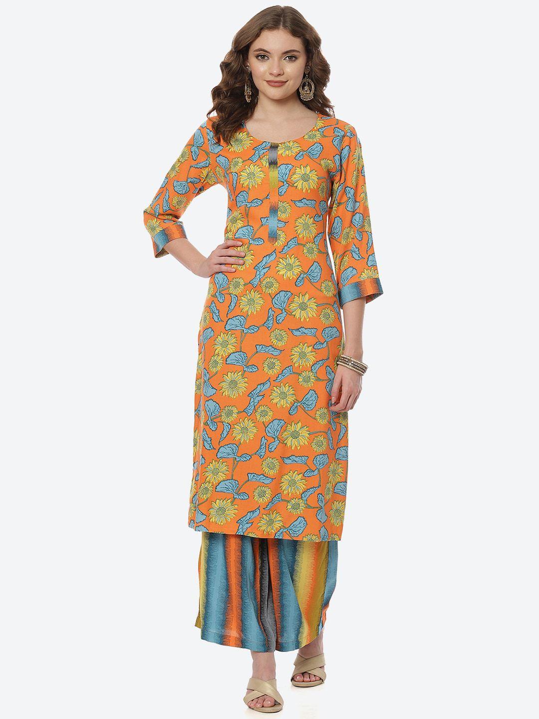 rangriti women orange printed kurti with palazzos