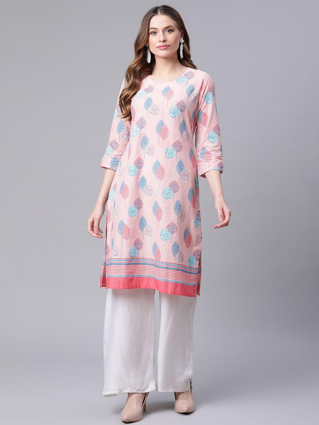 rangriti women peach-coloured floral print pure cotton kurta