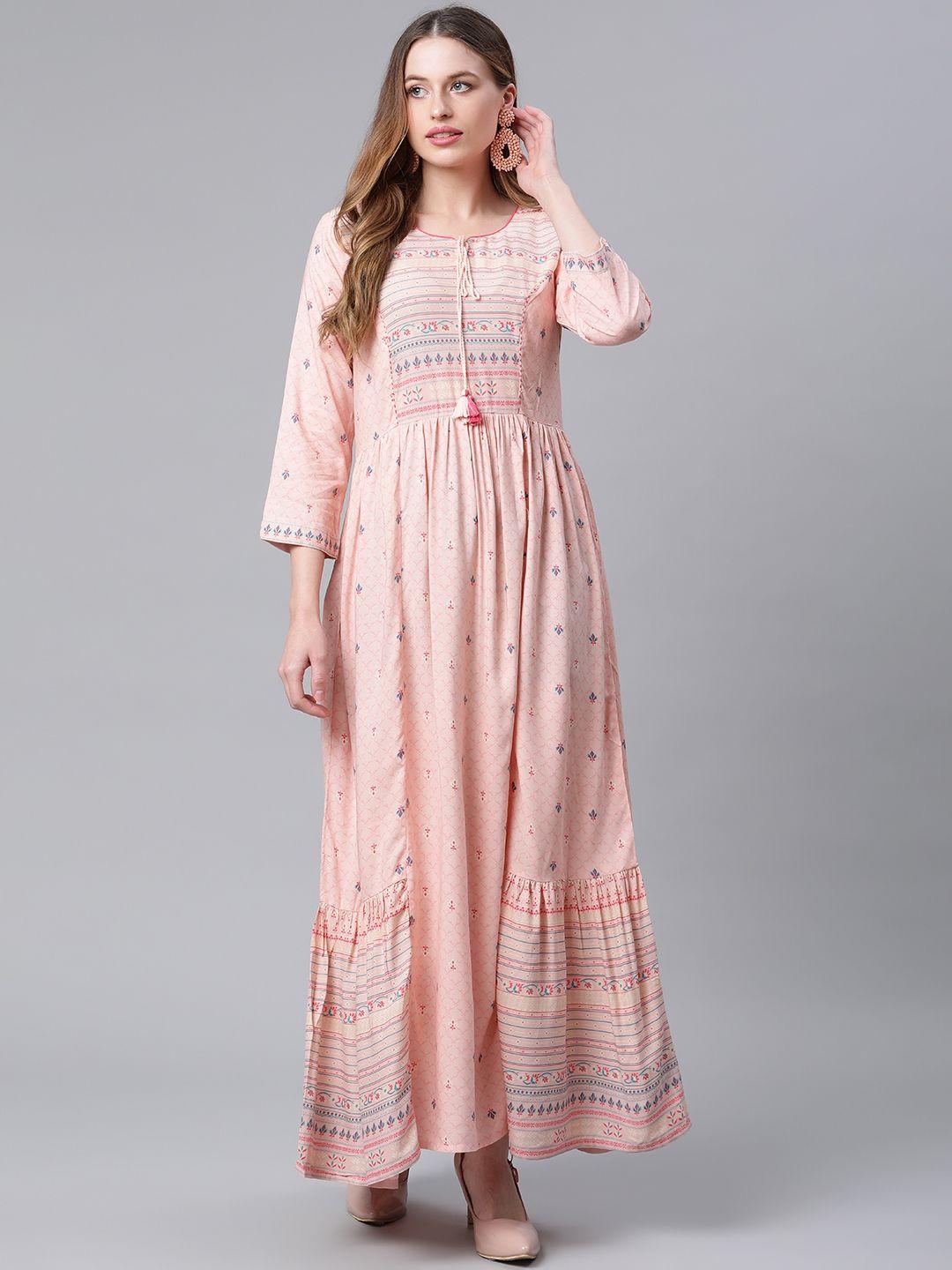 rangriti women peach-coloured floral tie-up neck maxi dress