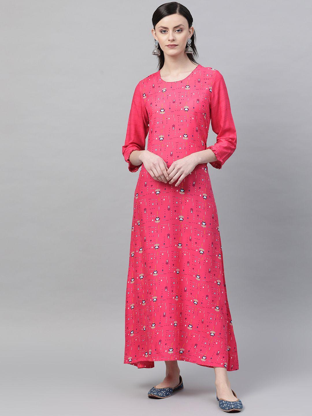 rangriti women pink & blue printed maxi dress
