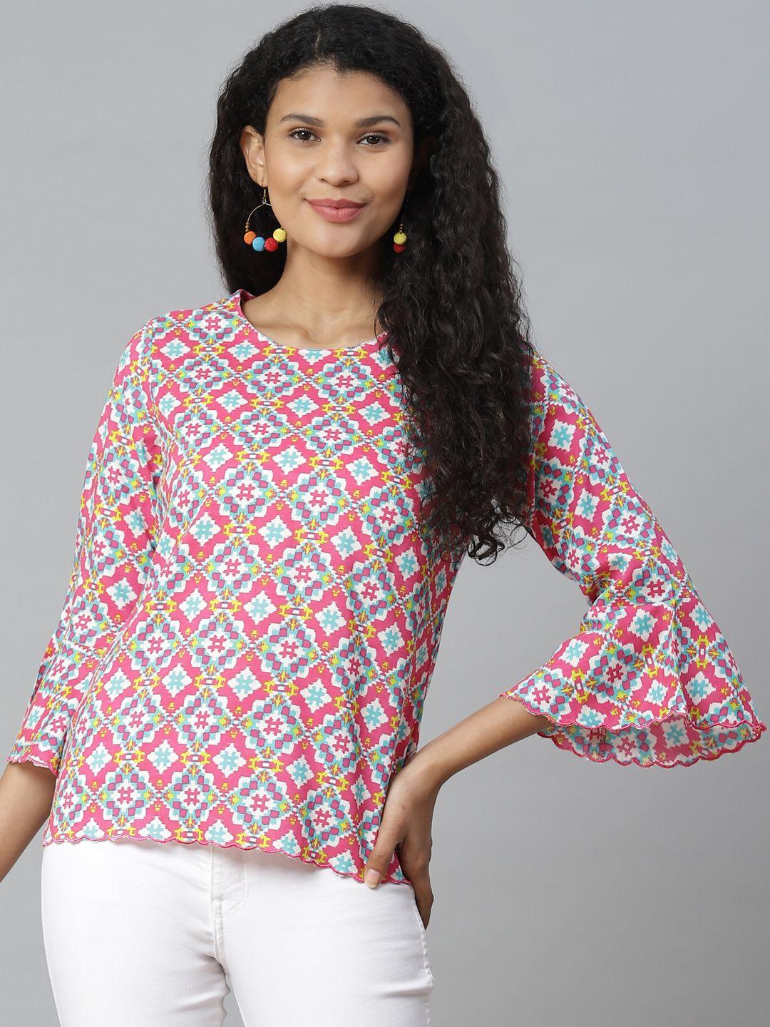 rangriti women pink & blue printed top