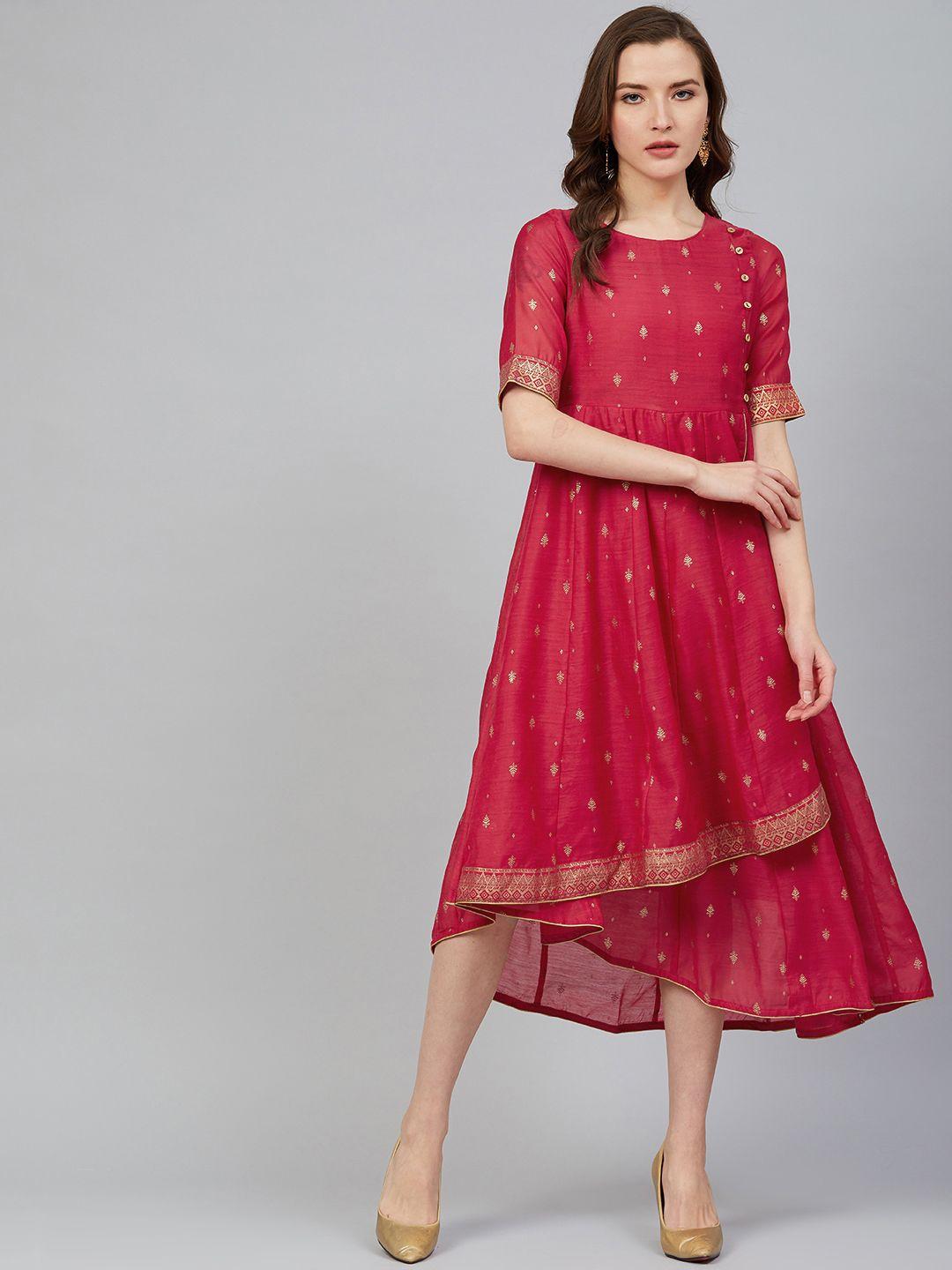 rangriti women pink & golden printed layered a-line dress
