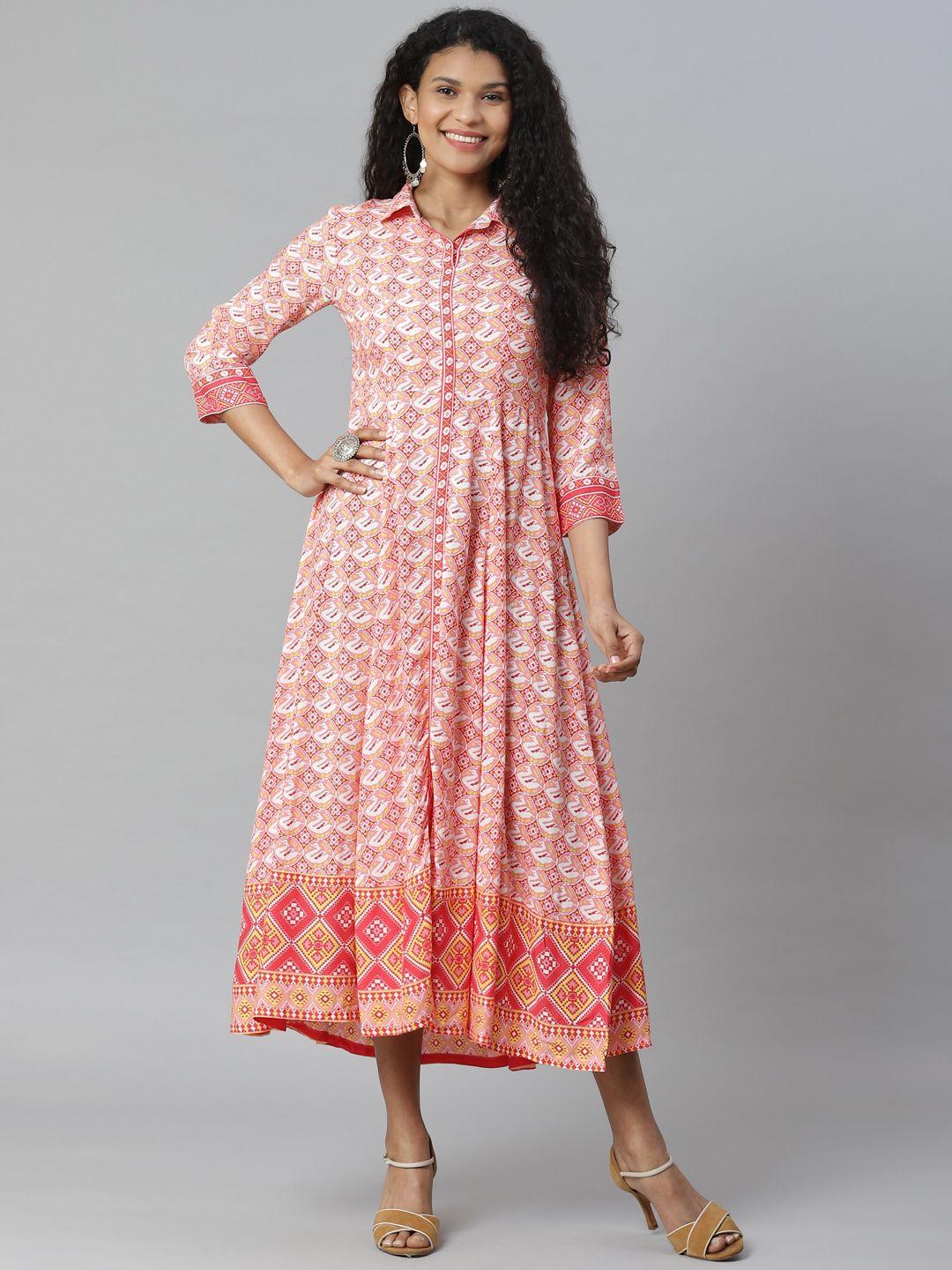 rangriti women pink & white liva printed shirt maxi dress