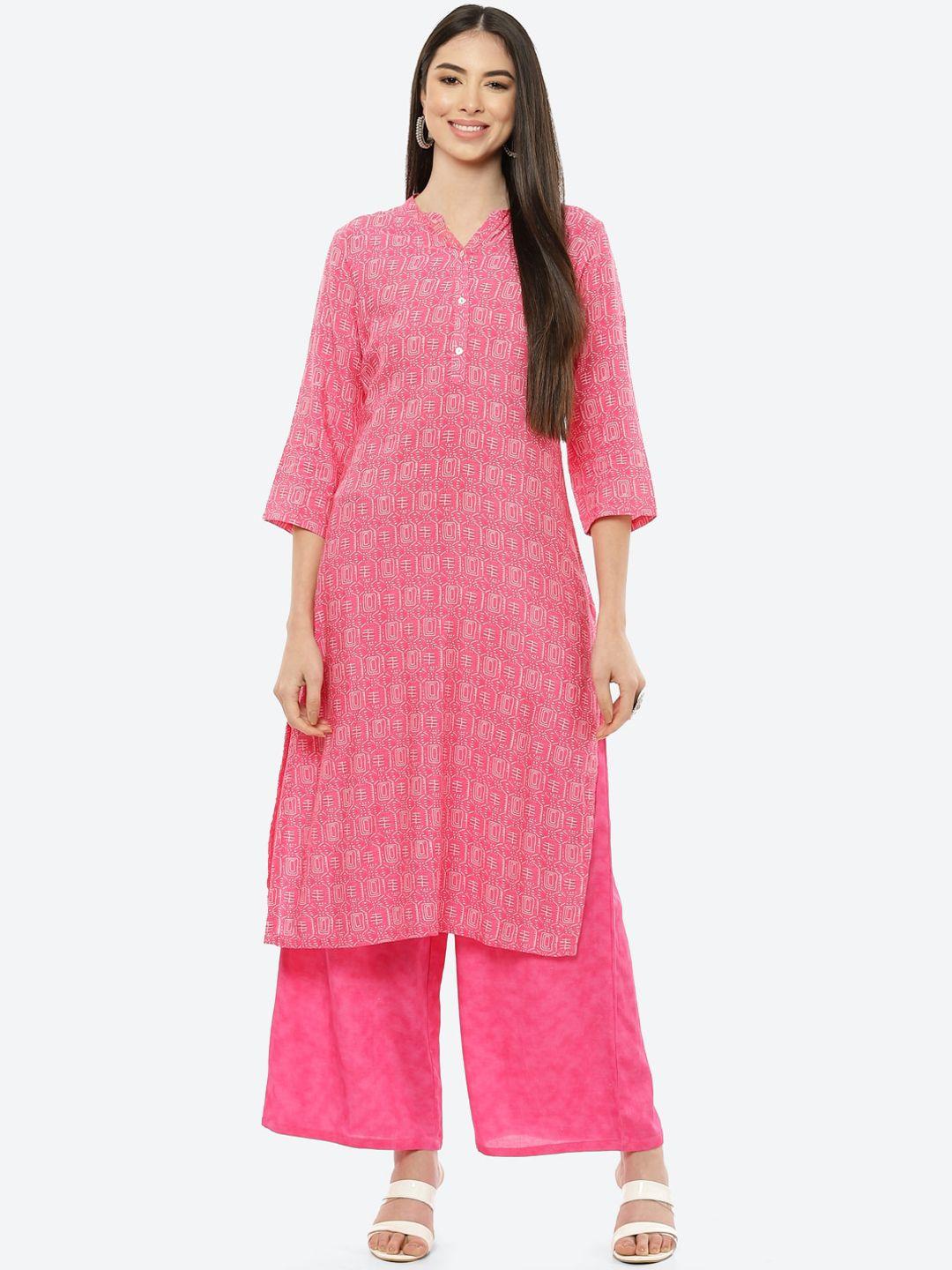 rangriti women pink ethnic motifs printed kurti with palazzos