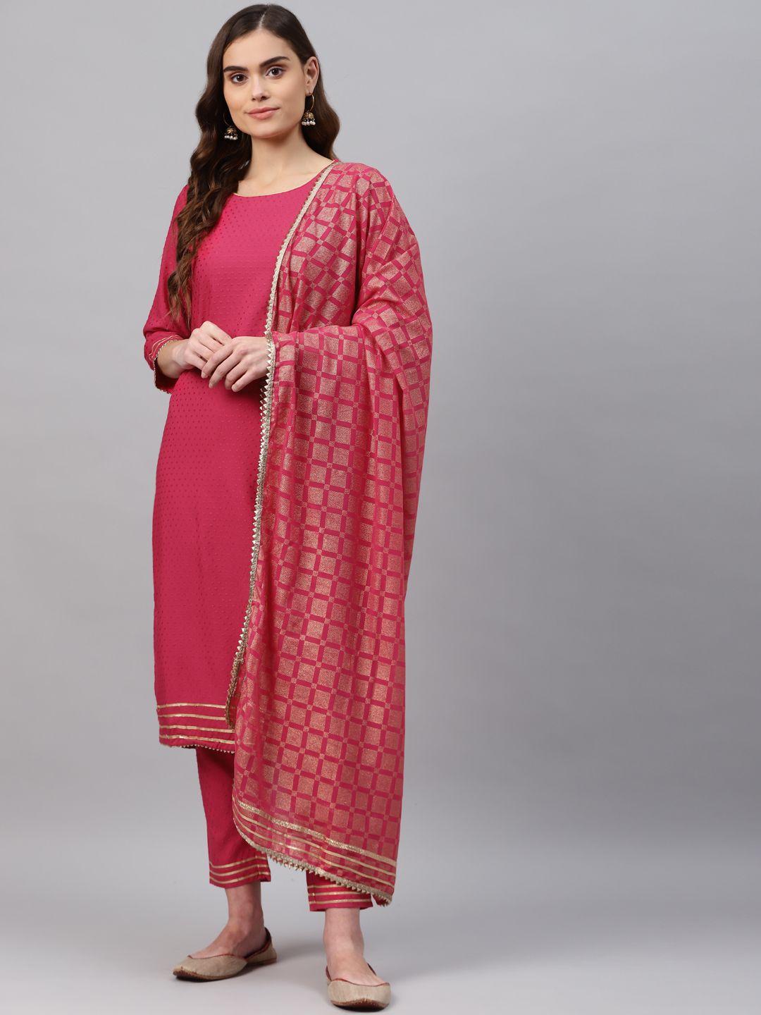 rangriti women pink regular woven designed gotta patti kurta with trousers & with dupatta