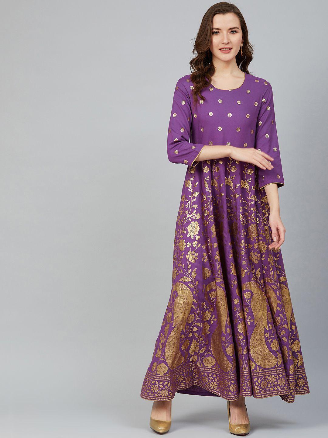 rangriti women purple & golden printed maxi dress