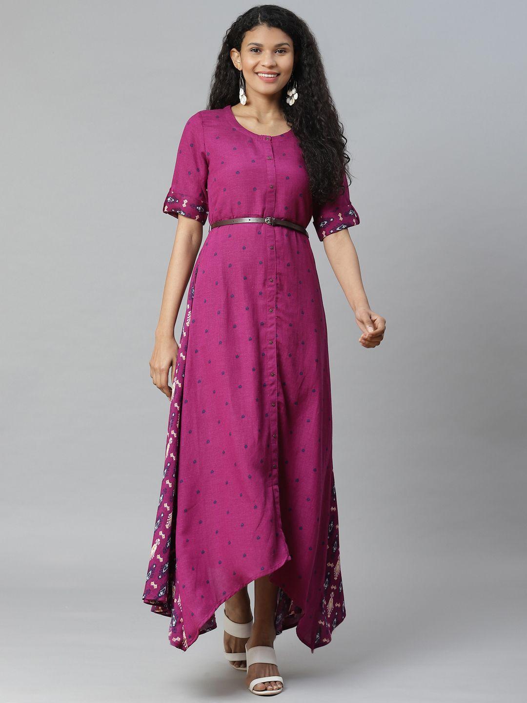 rangriti women purple & navy blue ikkat printed maxi dress with belt