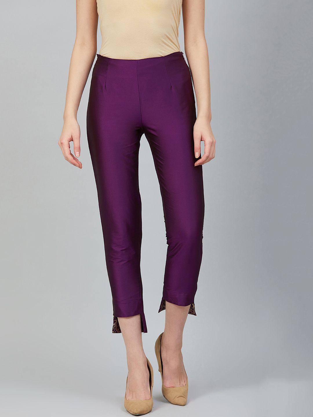 rangriti women purple solid cropped trousers